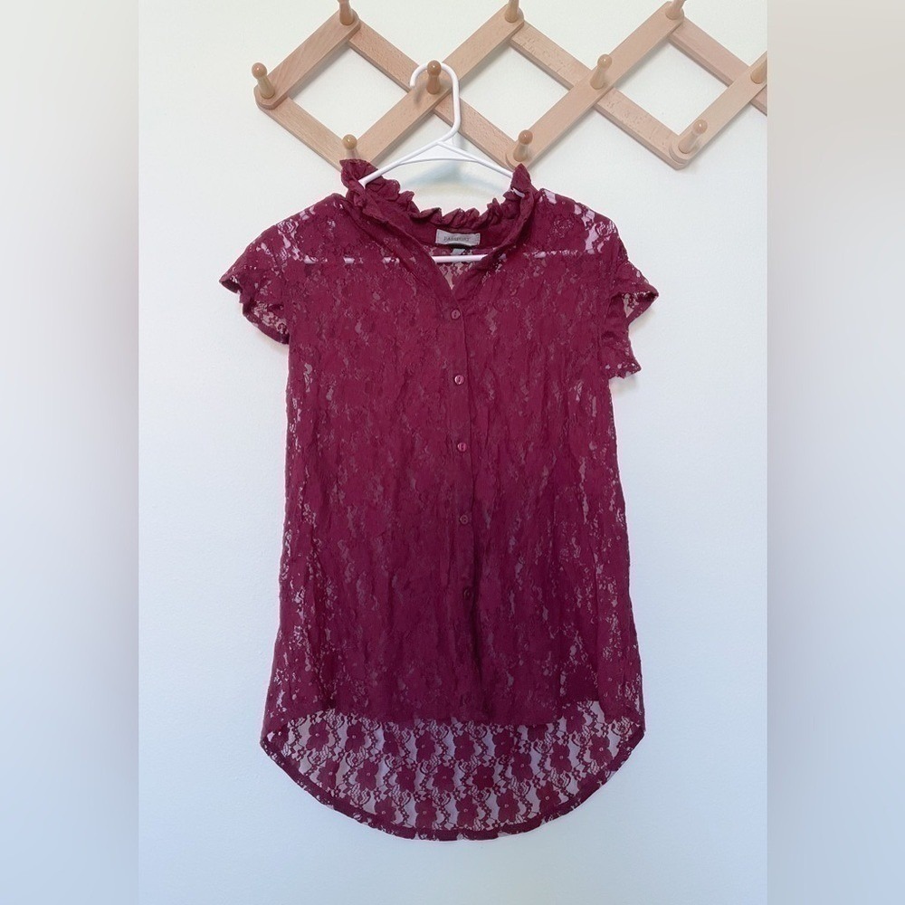 Women's‎ Burgundy Red Lace Short Sleeve Shirt Blouse